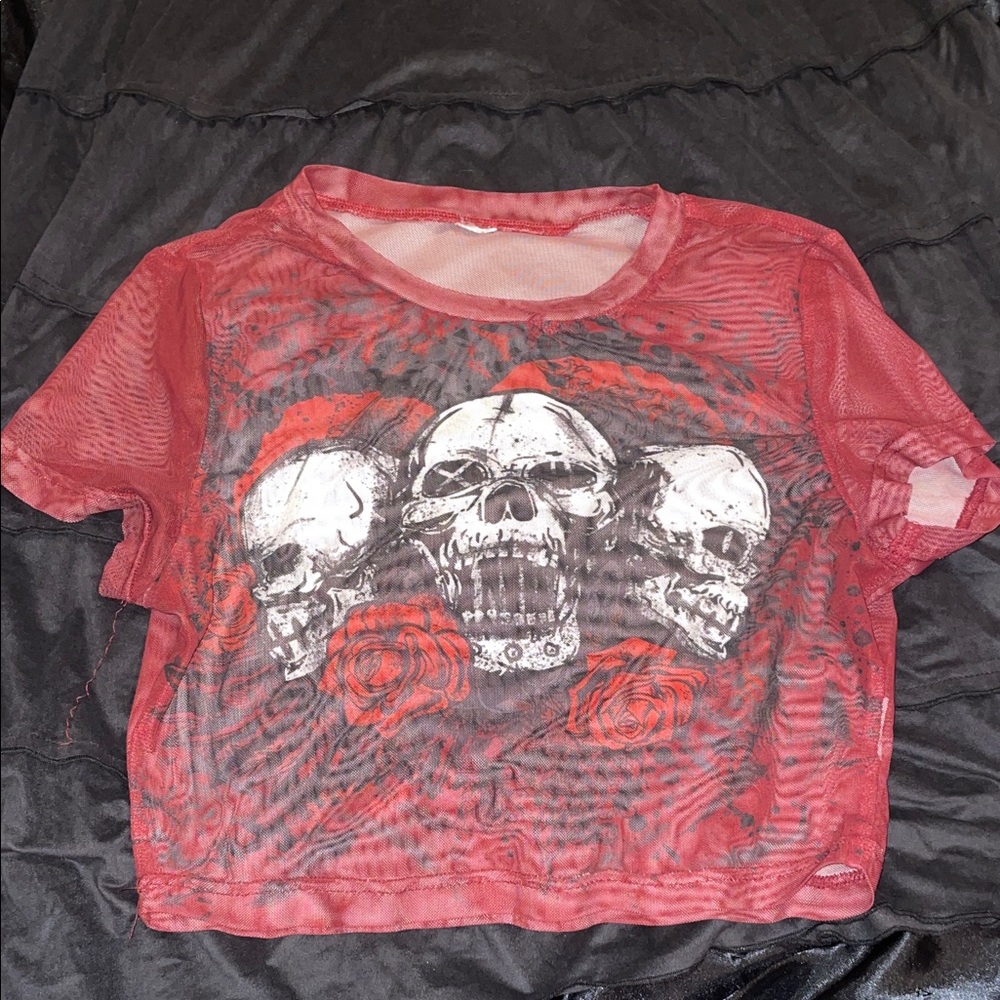 Red Mesh Skull Graphic Top